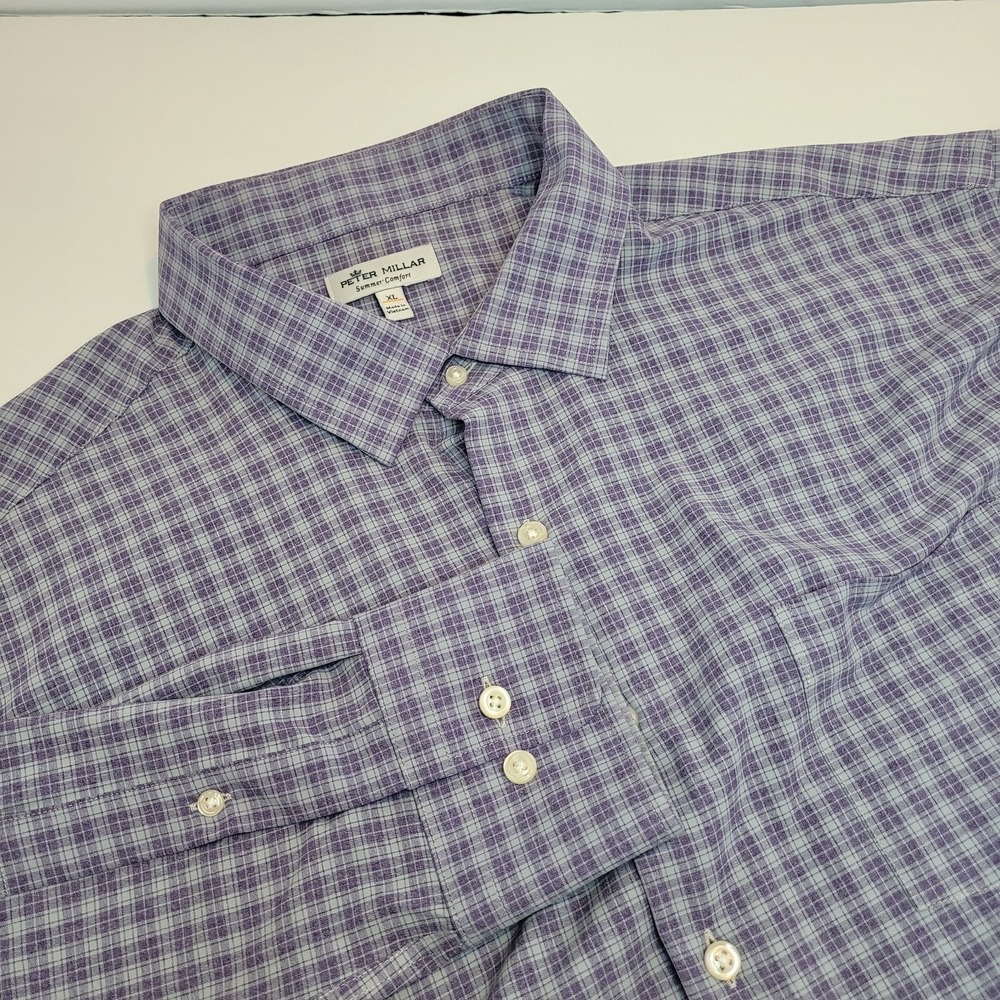 PETER MILLAR Summer Comfort Shirt Men XL Purple/Gray Plaid Performance Casual